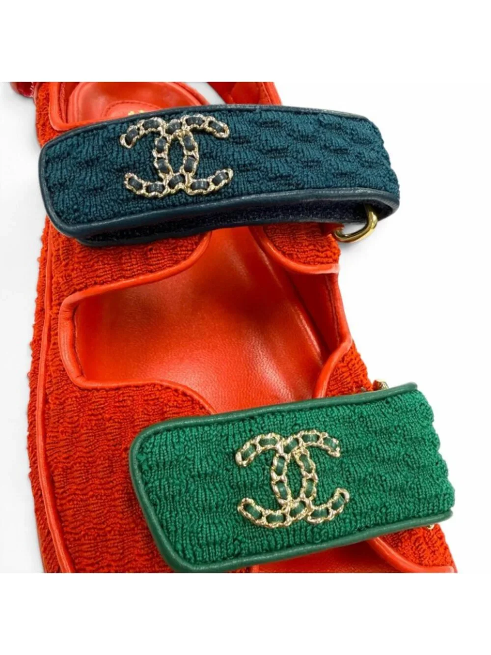 Chanel 22S Leather CC Logo Velcro Sandals Red Navy Green